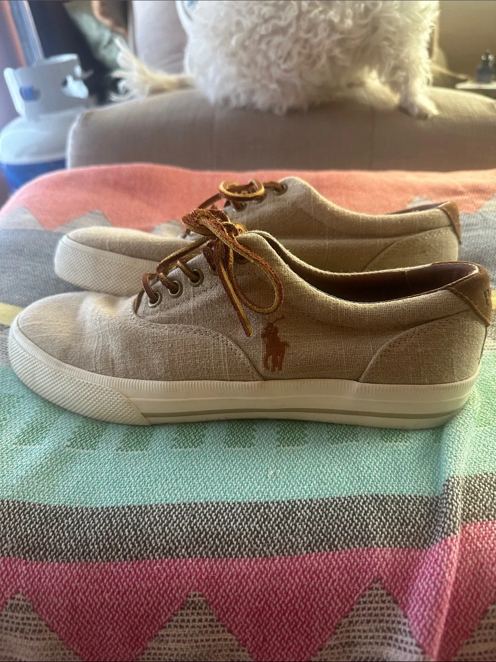 Polo by Ralph Lauren Beige Linen & Suede Boat Shoes with Brown Leather Laces 8.5